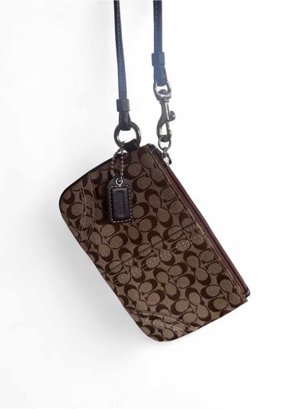 Coach Brown Signature Canvas Wristlet with Leather Strap